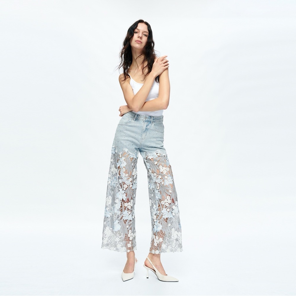 Light Blue Lace Rhinestone High Rise Wide Leg Jeans - Picture 3 of 10